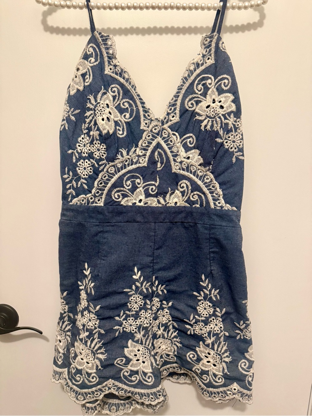 Denim Blue Embroidered Romper w/White Scalloped Accents. Lined Shorts Underneath